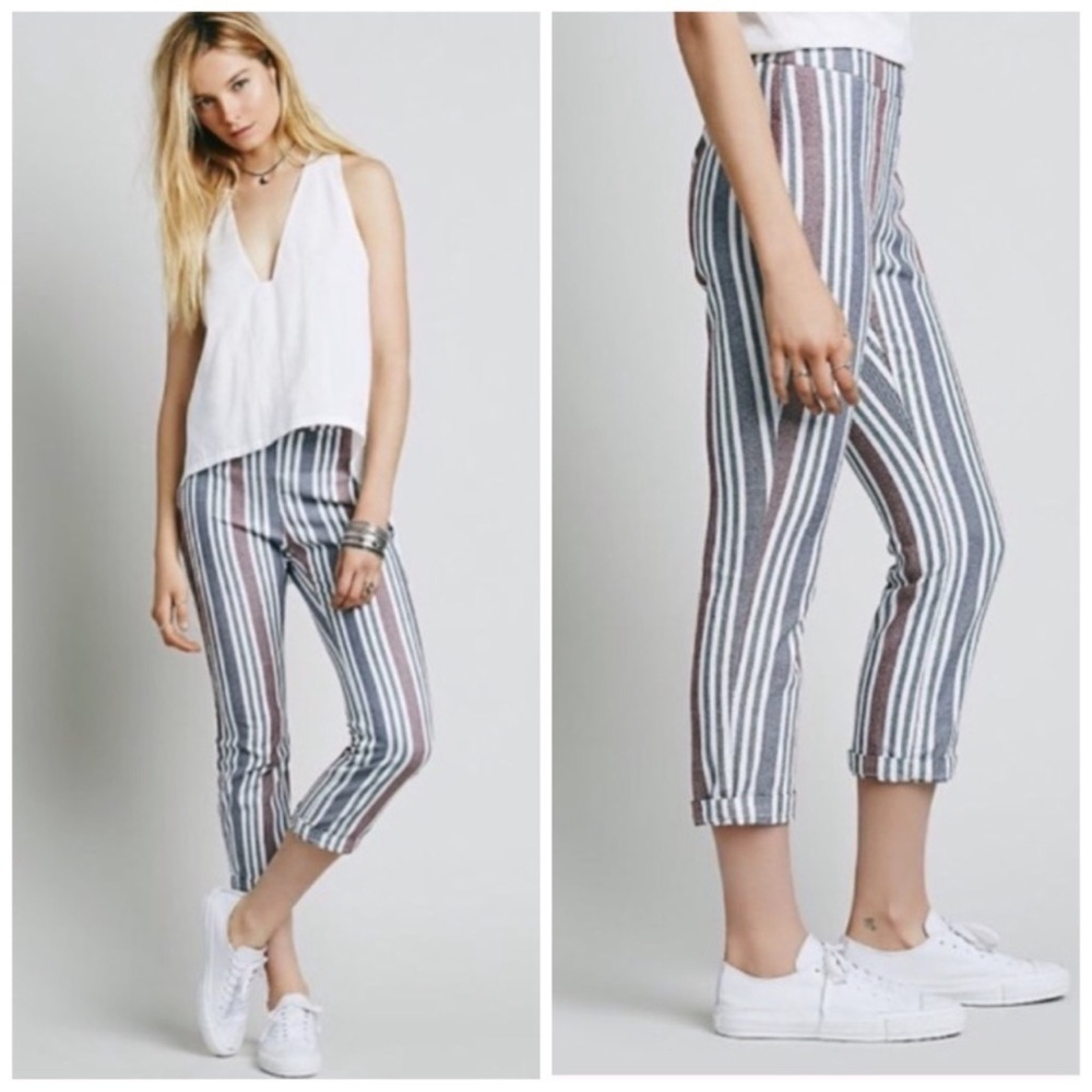 Free People Stripe Mod Linen Blend Cropped Ankle Trousers Size 8